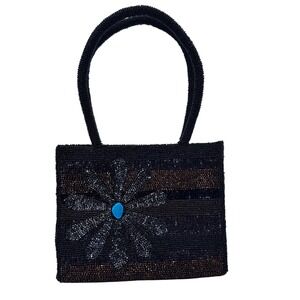 Black Beaded Flower Handbag‎ Evening Bag Turquoise Accent